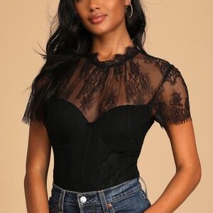 Alluring Charisma Black Lace Bustier Short Sleeve Bodysuit